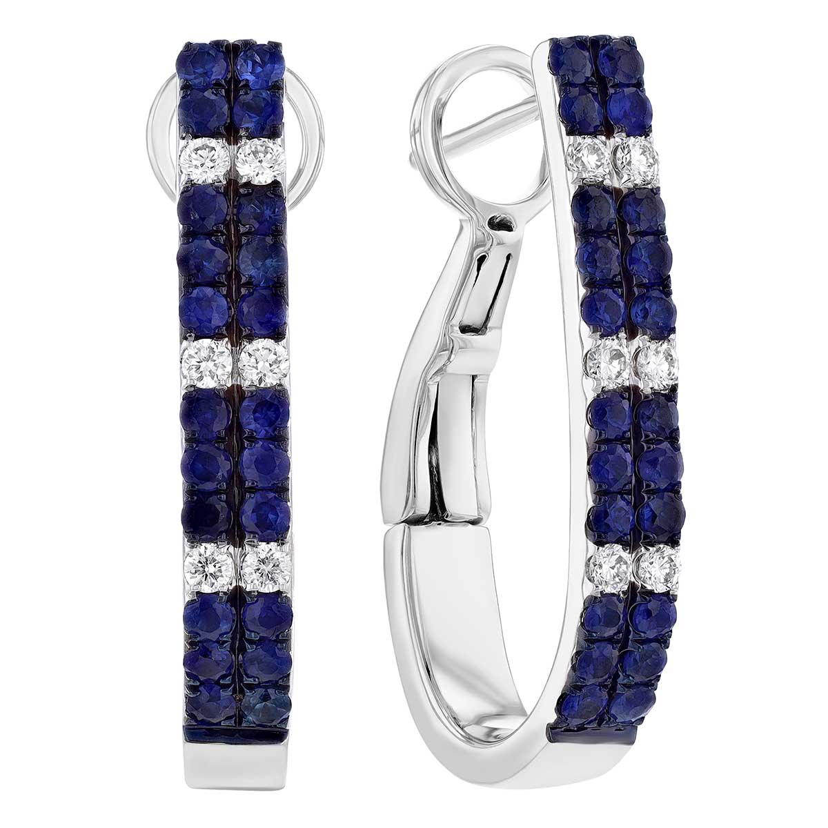 Sapphire & Diamond 2 Row J-Hoop Earrings in White Gold & Black Rhodium
