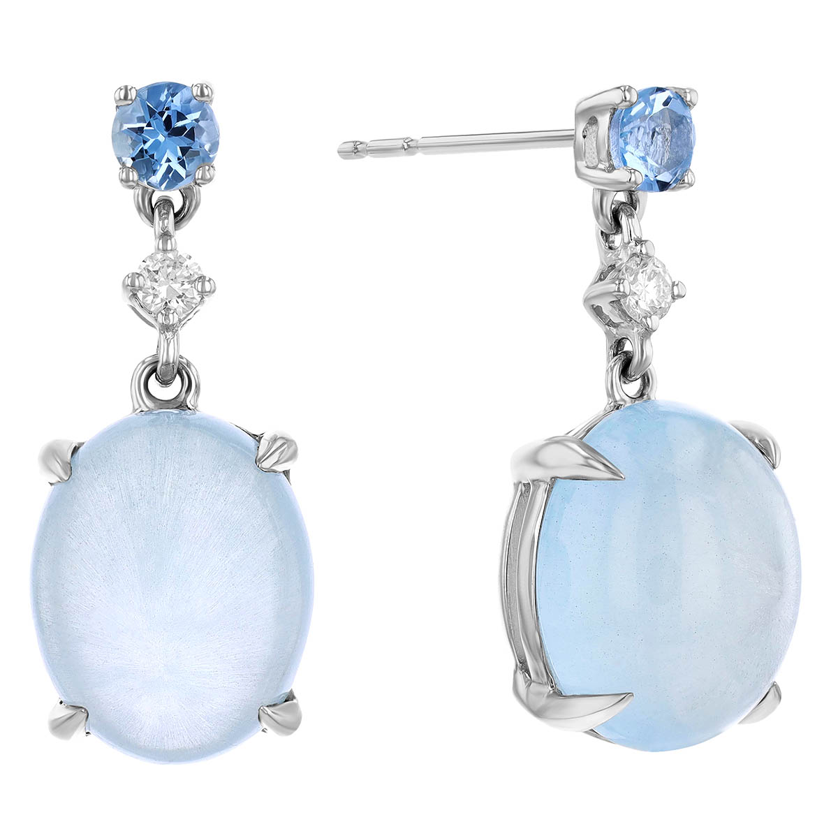Aquamarine Cabochon & Diamond Dangle Earrings in White Gold
