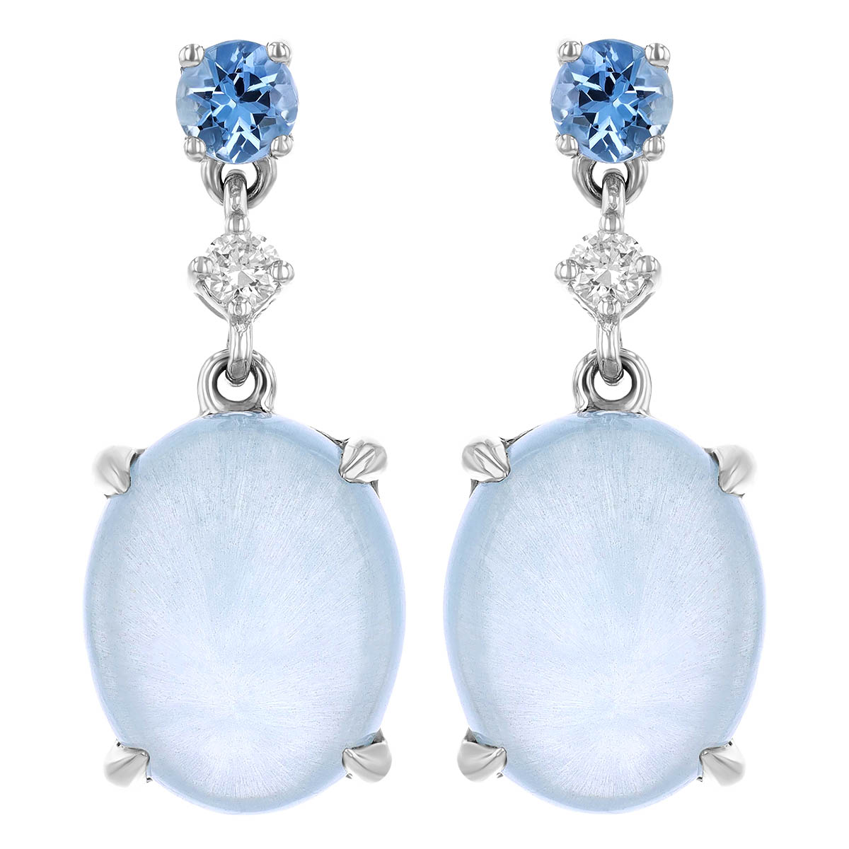 Aquamarine Cabochon & Diamond Dangle Earrings in White Gold