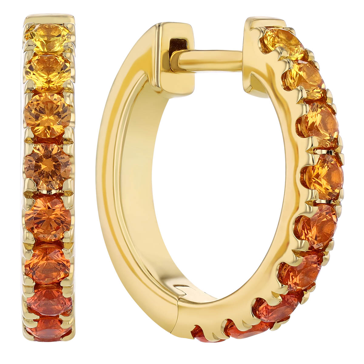 Warm Toned Sapphire Ombre Huggie Hoop Earrings in Yellow Gold