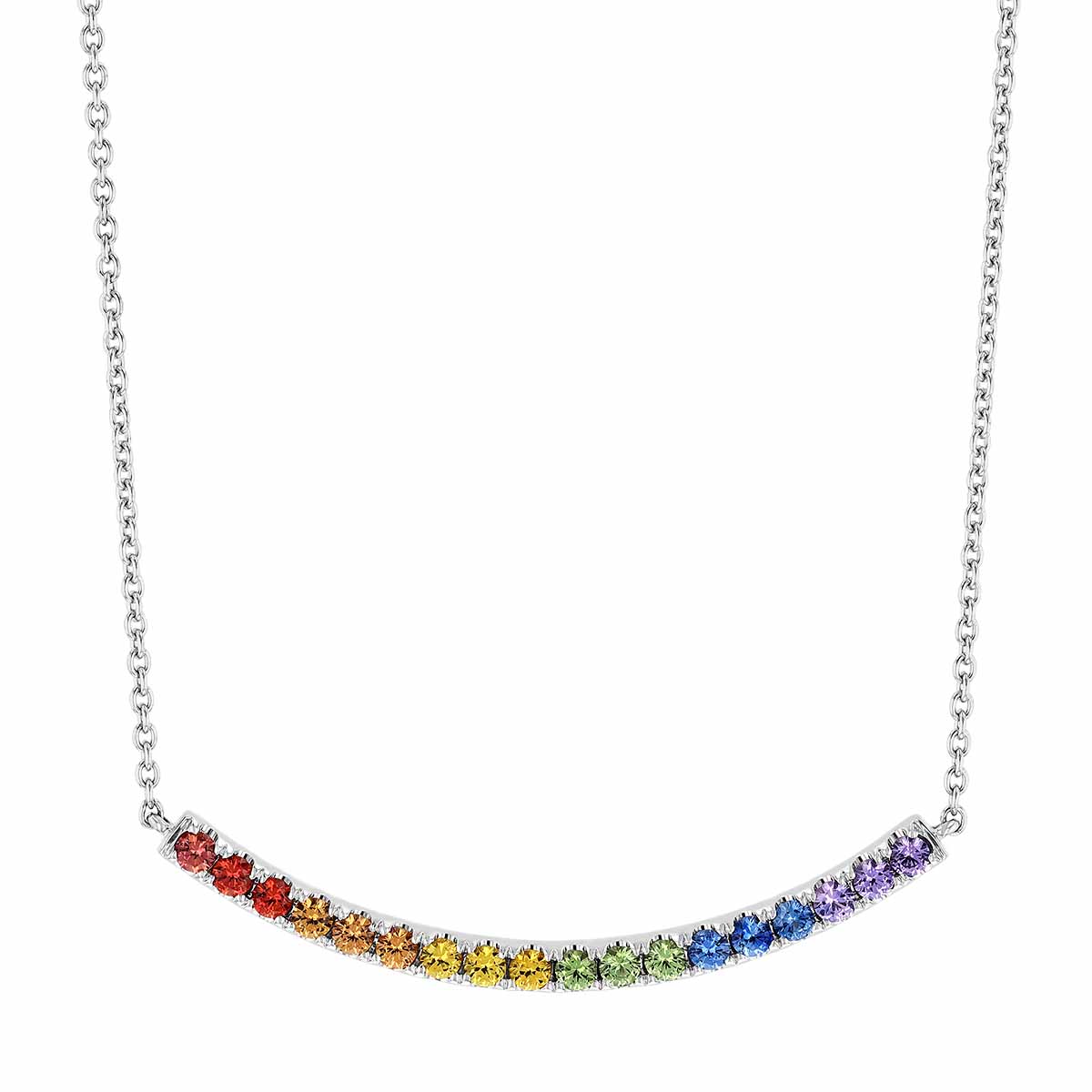 Rainbow Sapphire Curved Bar Necklace in White Gold, 18