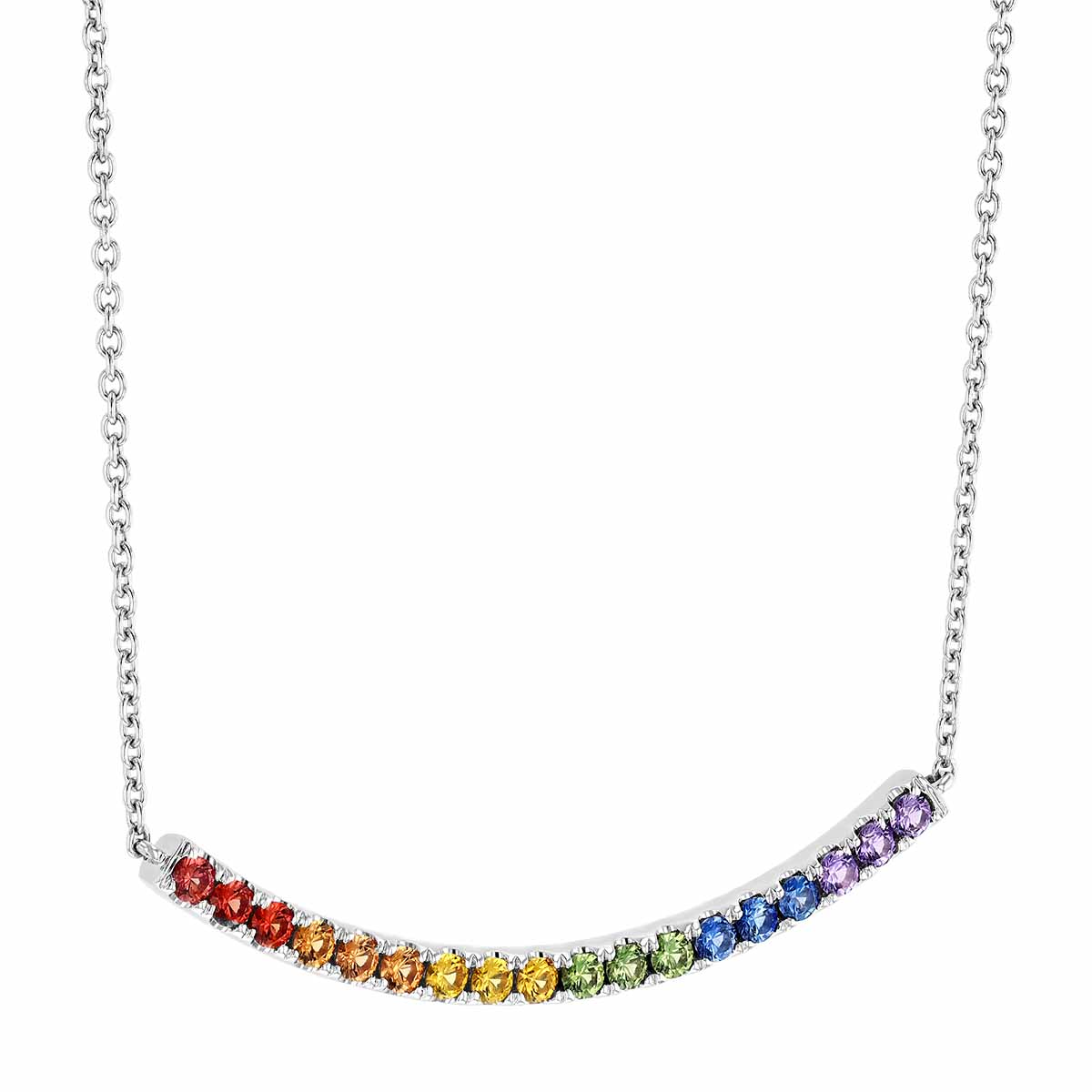 Rainbow Sapphire Curved Bar Necklace in White Gold, 18