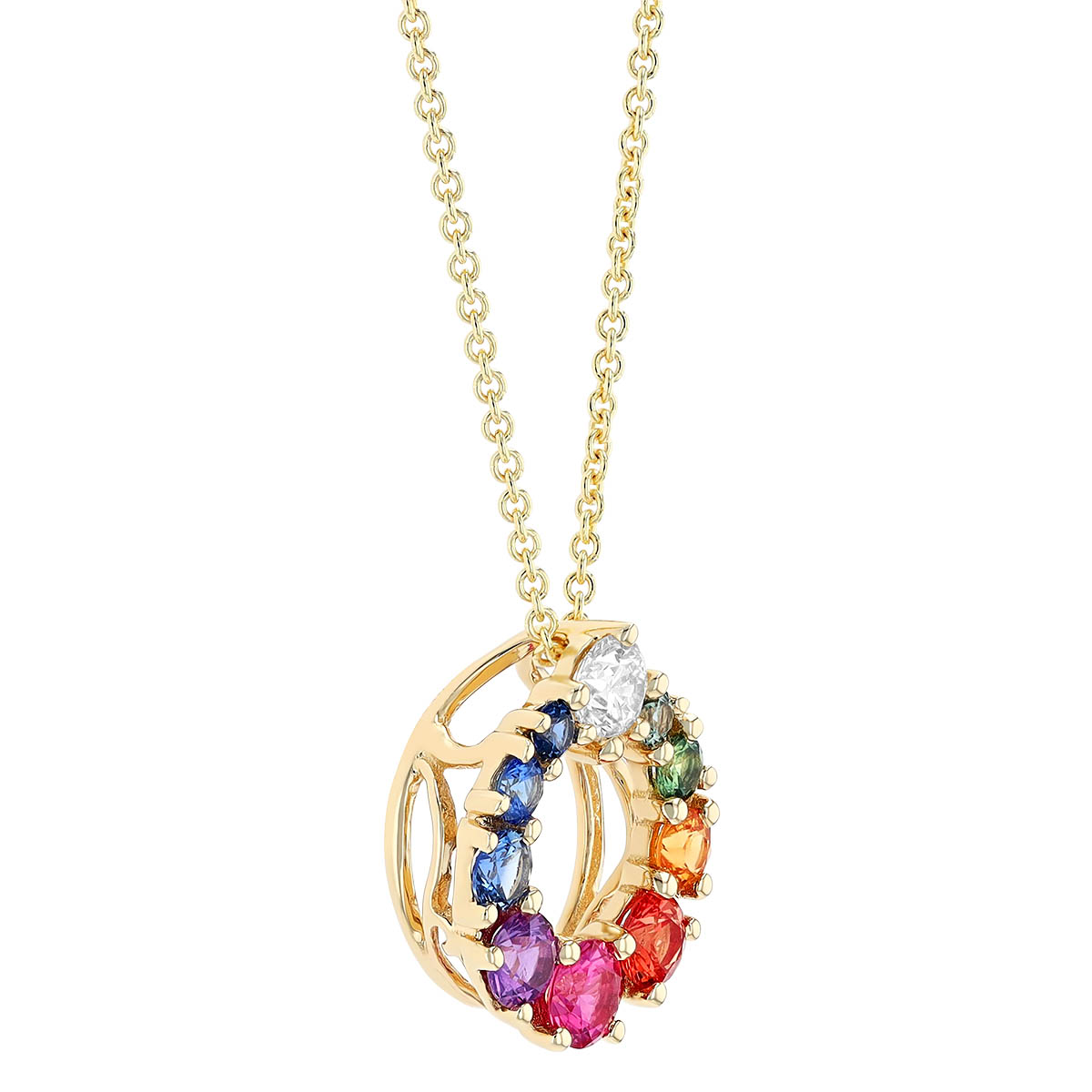 Multicolored Sapphire Dainty Rainbow Circle Pendant in Yellow Gold, 18