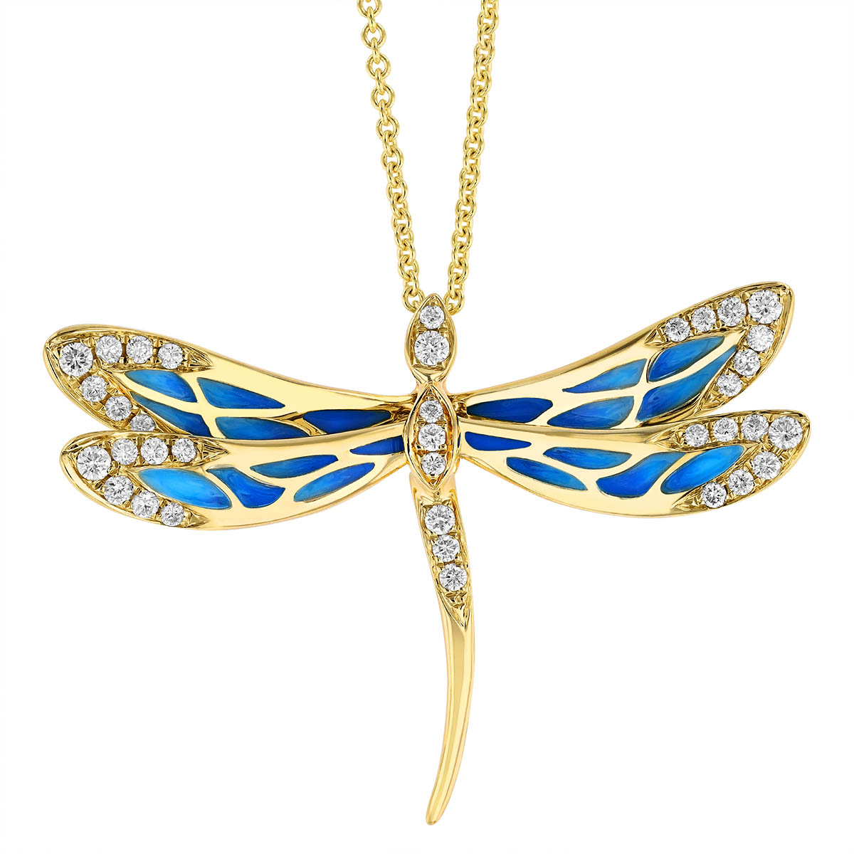 Dragonfly Pendant with Diamonds & Blue Enamel in Yellow Gold, 18