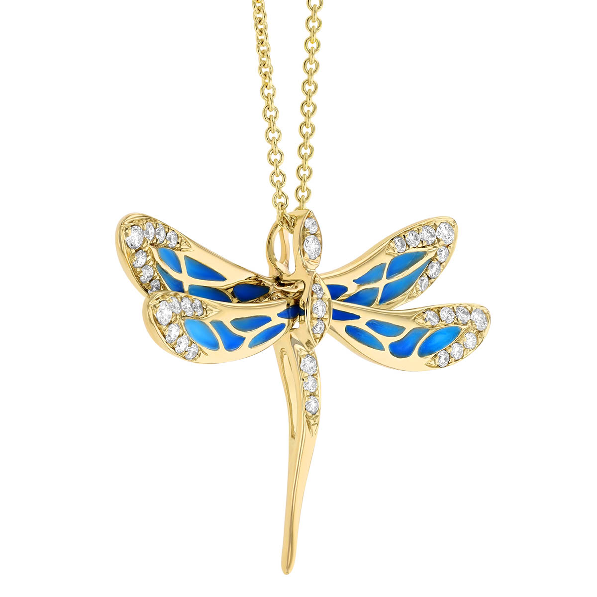 Dragonfly Pendant with Diamonds & Blue Enamel in Yellow Gold, 18