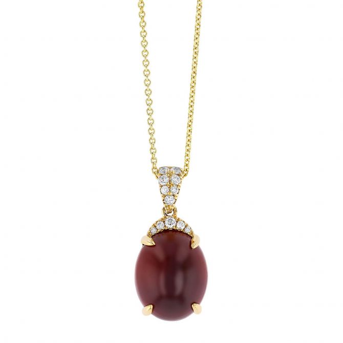 Oval Hessonite Garnet Cabochon & Diamond Pavé Bail Pendant in Yellow Gold, 18"