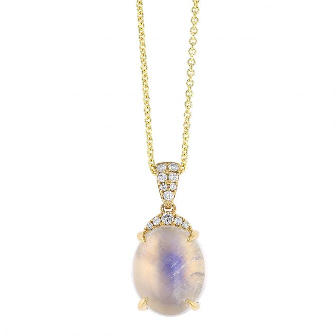 Oval Moonstone Cabochon & Diamond Pavé Bail Pendant in Yellow Gold, 18"