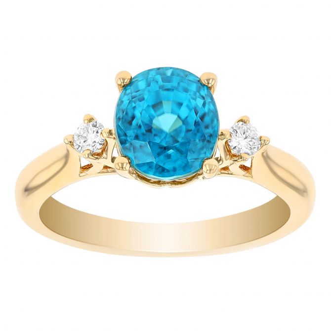 Oval Blue Zircon & Diamond 3 Stone Ring in Yellow Gold