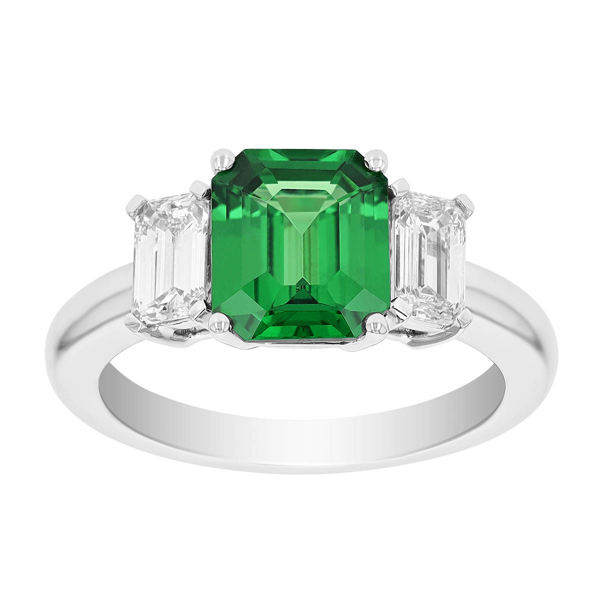 Asscher Cut Green Tsavorite Garnet & Diamond 3 Stone Ring in Platinum