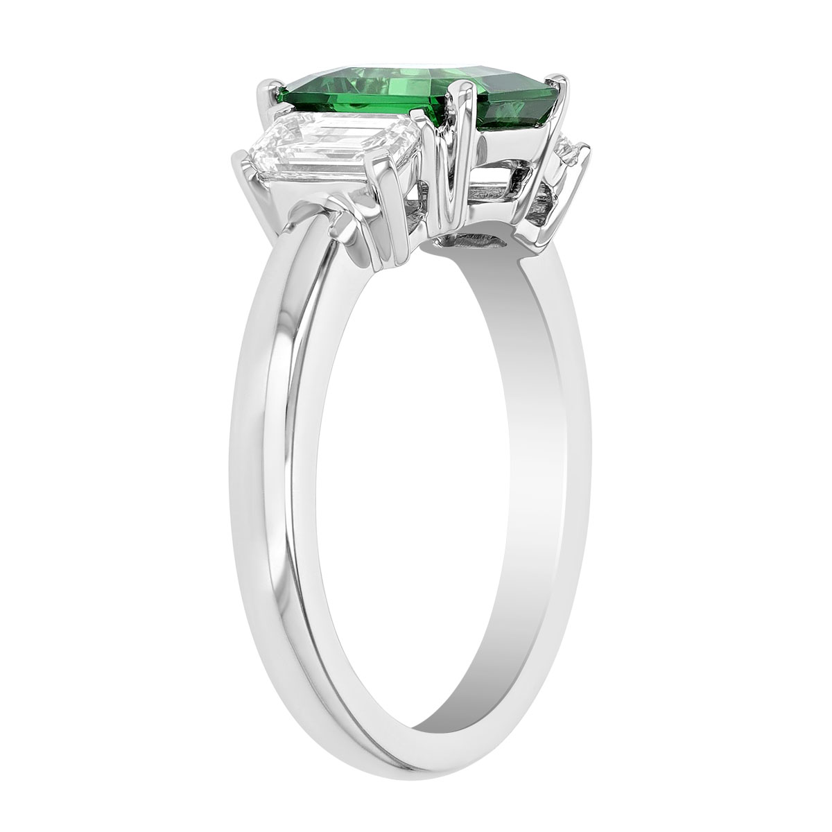 Asscher Cut Green Tsavorite Garnet & Diamond 3 Stone Ring in Platinum