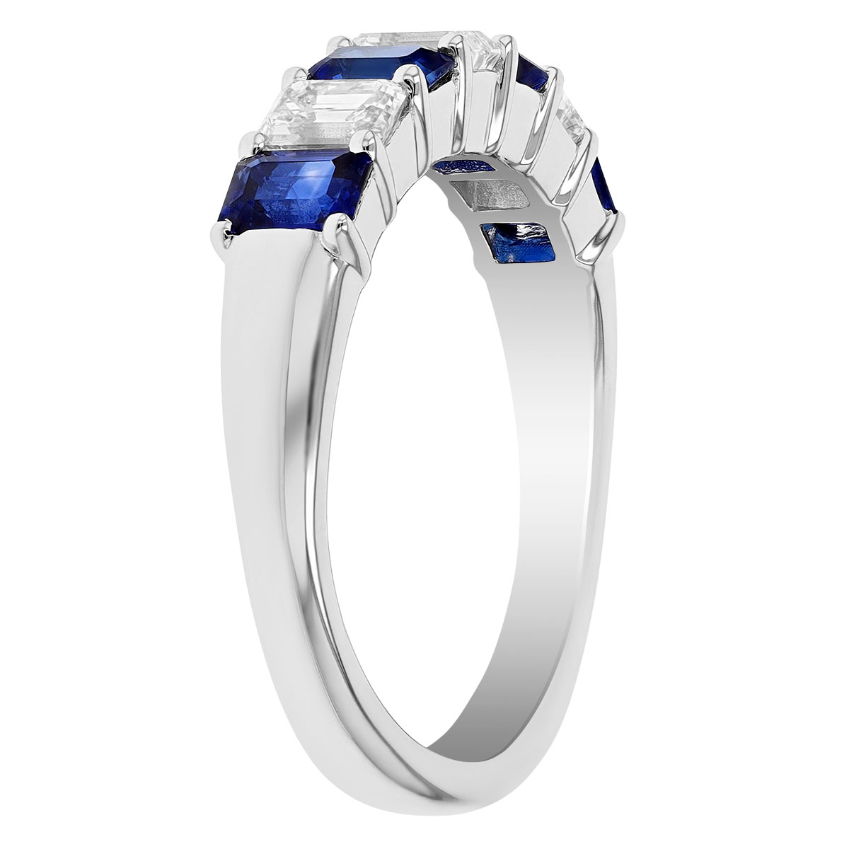 Sapphire & Diamond Emerald Cut Alternating Band Ring in White Gold