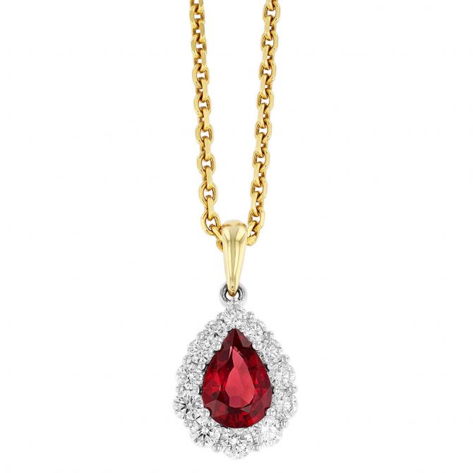 Pear Shaped Ruby & Diamond Halo Pendant in White & Yellow Gold, 17"