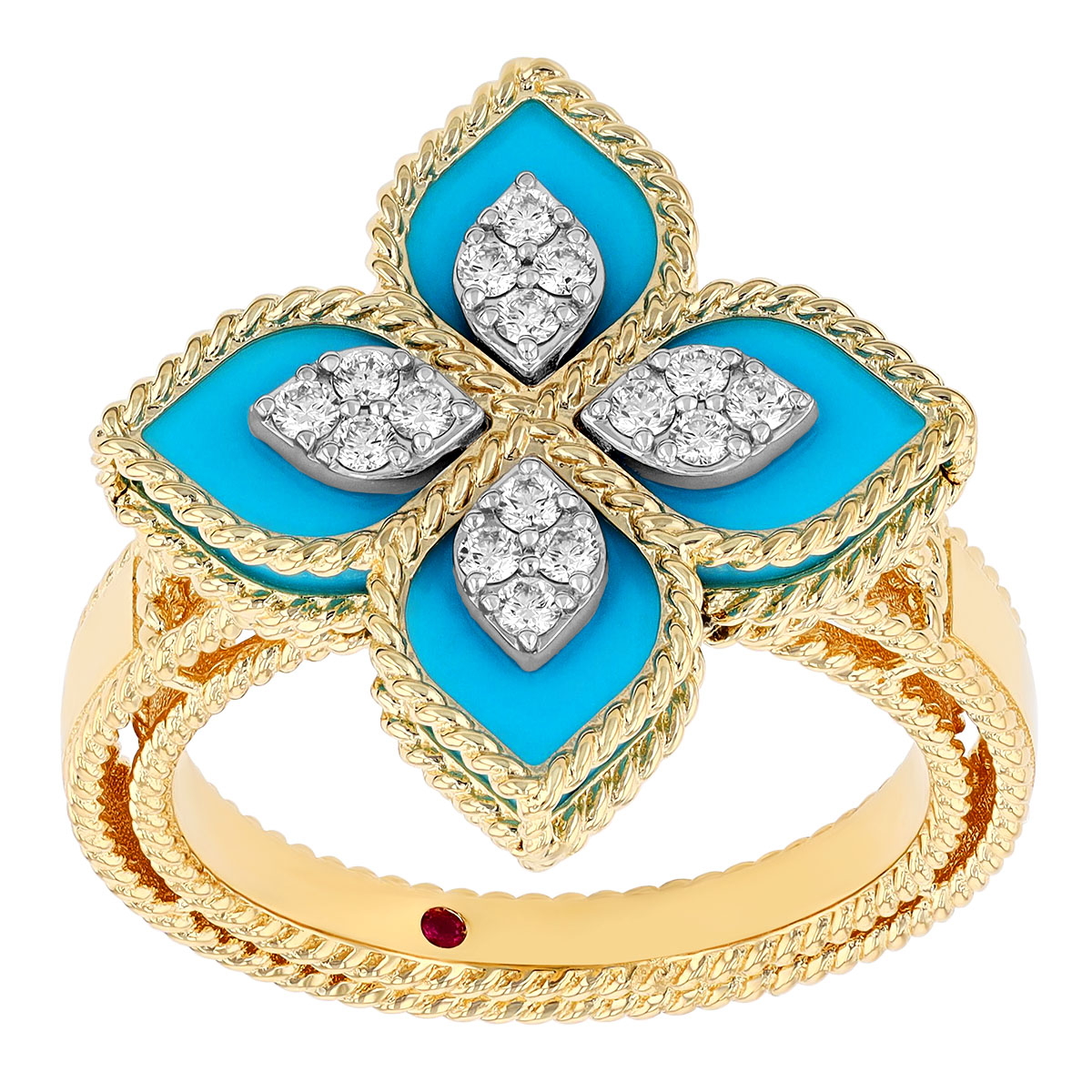 Roberto Coin Princess Flower Turquoise & Diamond Ring in Yellow Gold ...