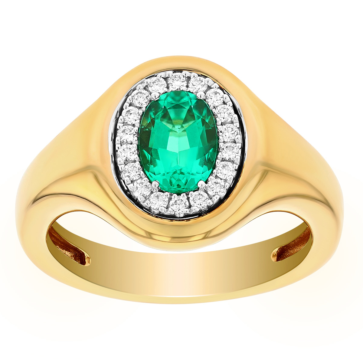 Oval Emerald & Diamond Halo Signet Ring in Yellow Gold