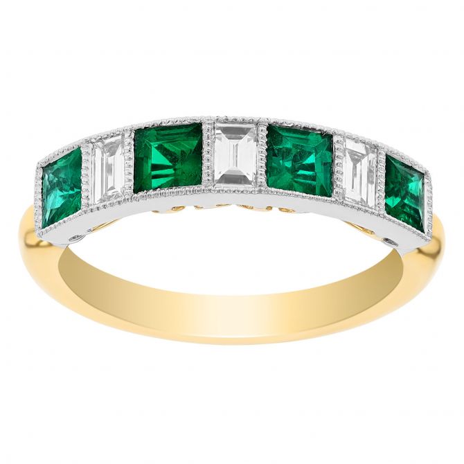 Princess Cut Emerald & Emerald Cut Diamond Band Ring in White & Yellow Gold