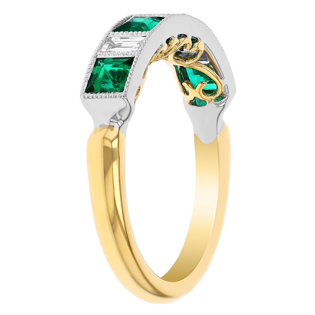 Princess Cut Emerald & Emerald Cut Diamond Band Ring in White & Yellow Gold