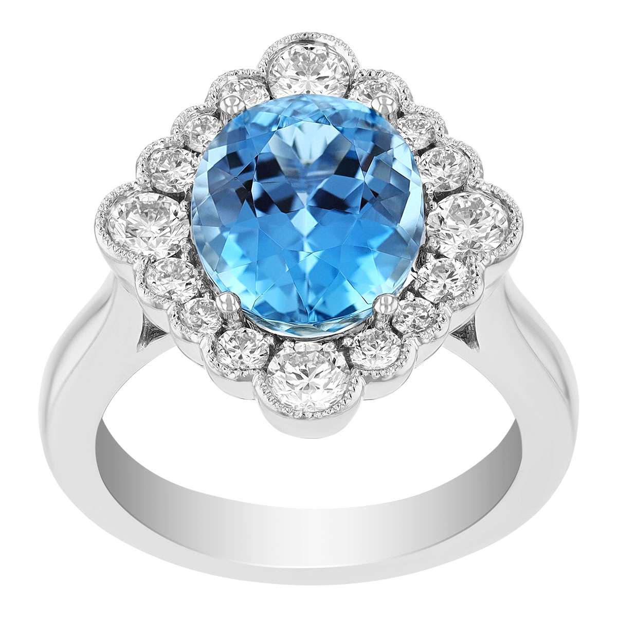 Oval Aquamarine Ring with Diamond Scalloped Milgrain Halo in White Gold