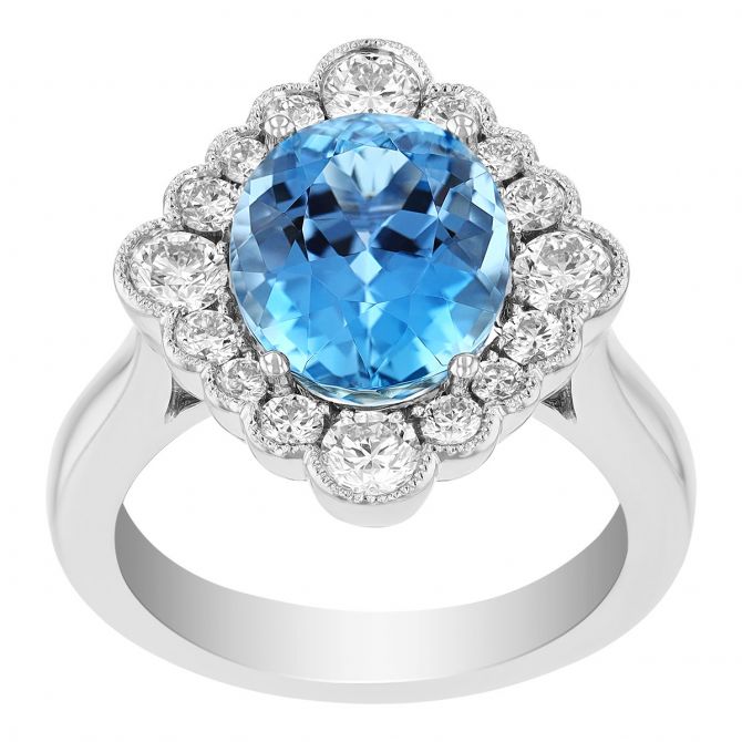 Oval Aquamarine Ring with Diamond Scalloped Milgrain Halo in White Gold