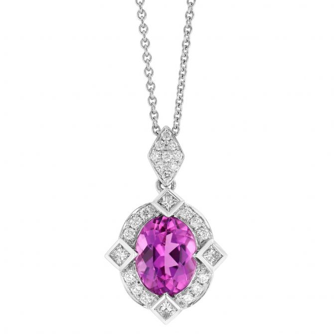 Oval Rubellite Tourmaline & Diamond Halo Pendant in White Gold, 17"