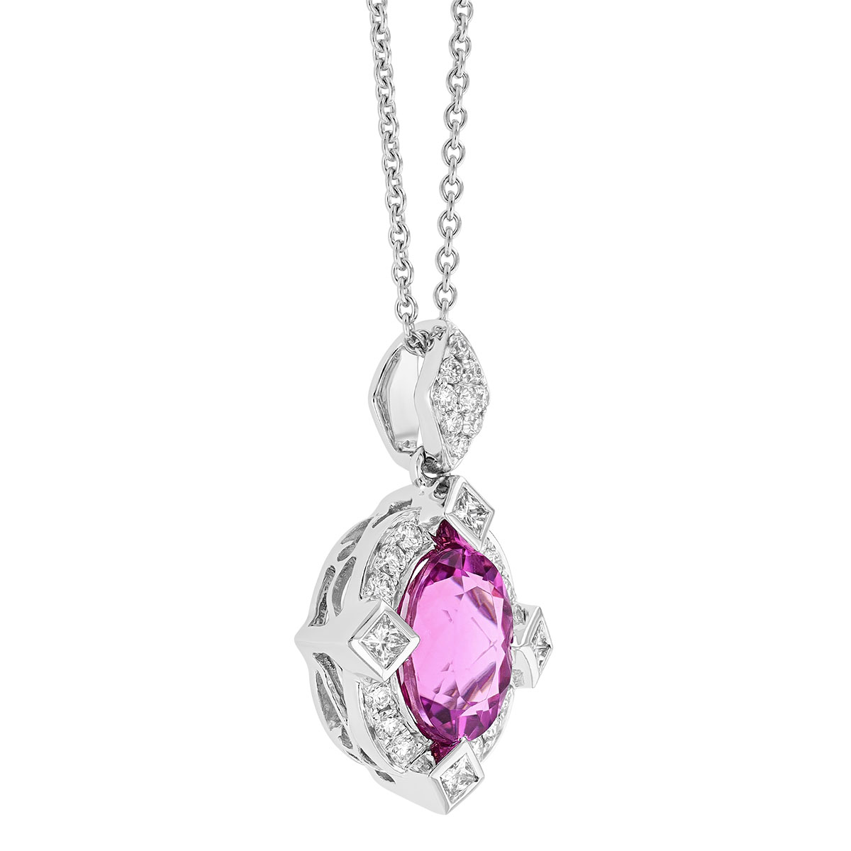 Oval Rubellite Tourmaline & Diamond Halo Pendant in White Gold, 17