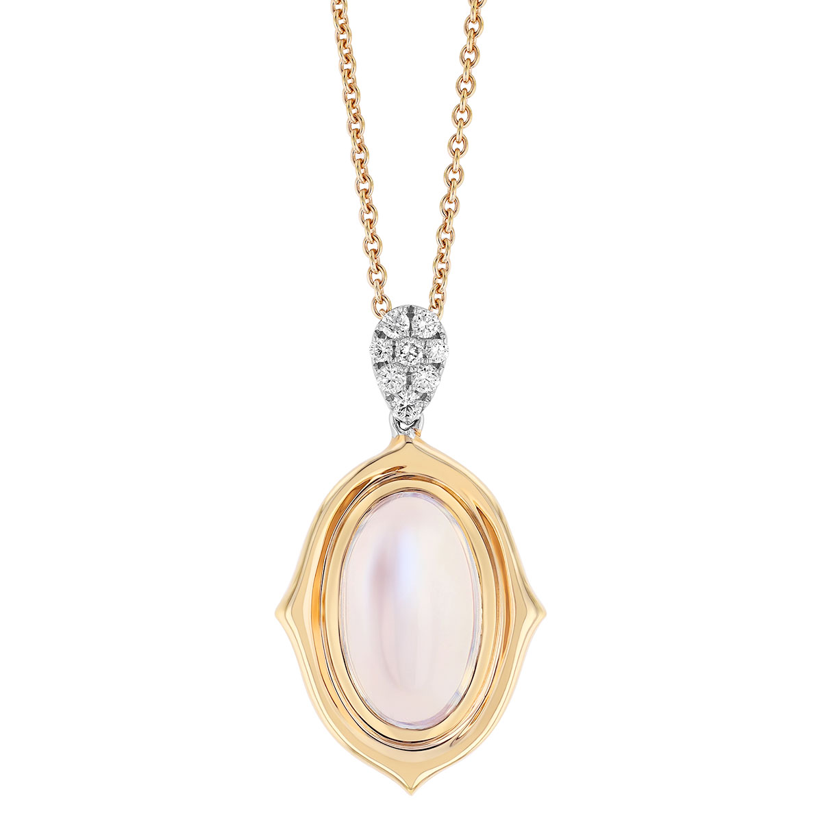 Oval Moonstone Cabochon & Diamond Pavé Bail Bezel Set Pendant in Rose Gold, 17