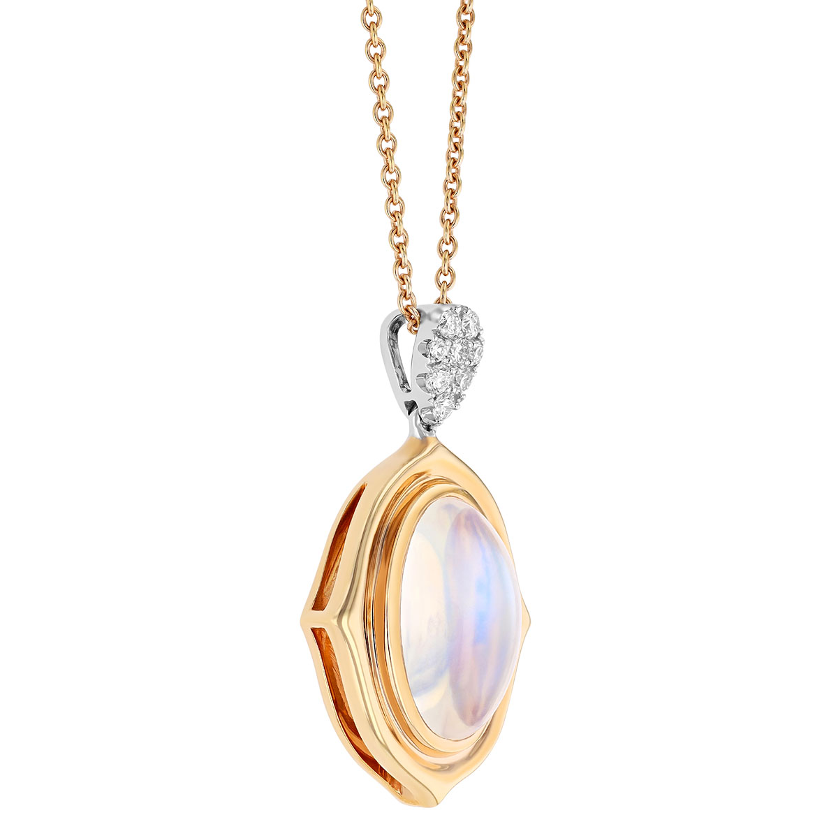 Oval Moonstone Cabochon & Diamond Pavé Bail Bezel Set Pendant in Rose Gold, 17