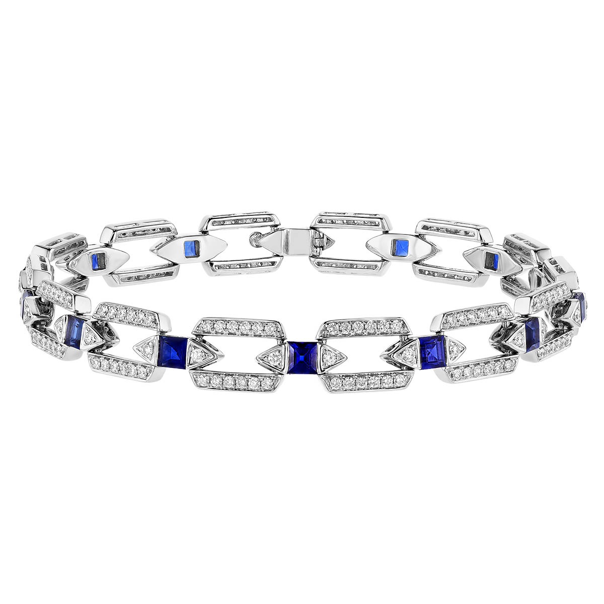 Square Step Cut Sapphire & Round Diamond Art Deco Inspired Bracelet in White Gold, 8