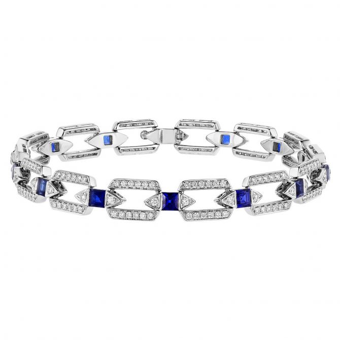 Square Step Cut Sapphire & Round Diamond Art Deco Inspired Bracelet in White Gold, 8"