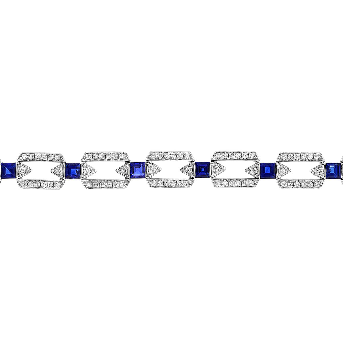 Square Step Cut Sapphire & Round Diamond Art Deco Inspired Bracelet in White Gold, 8