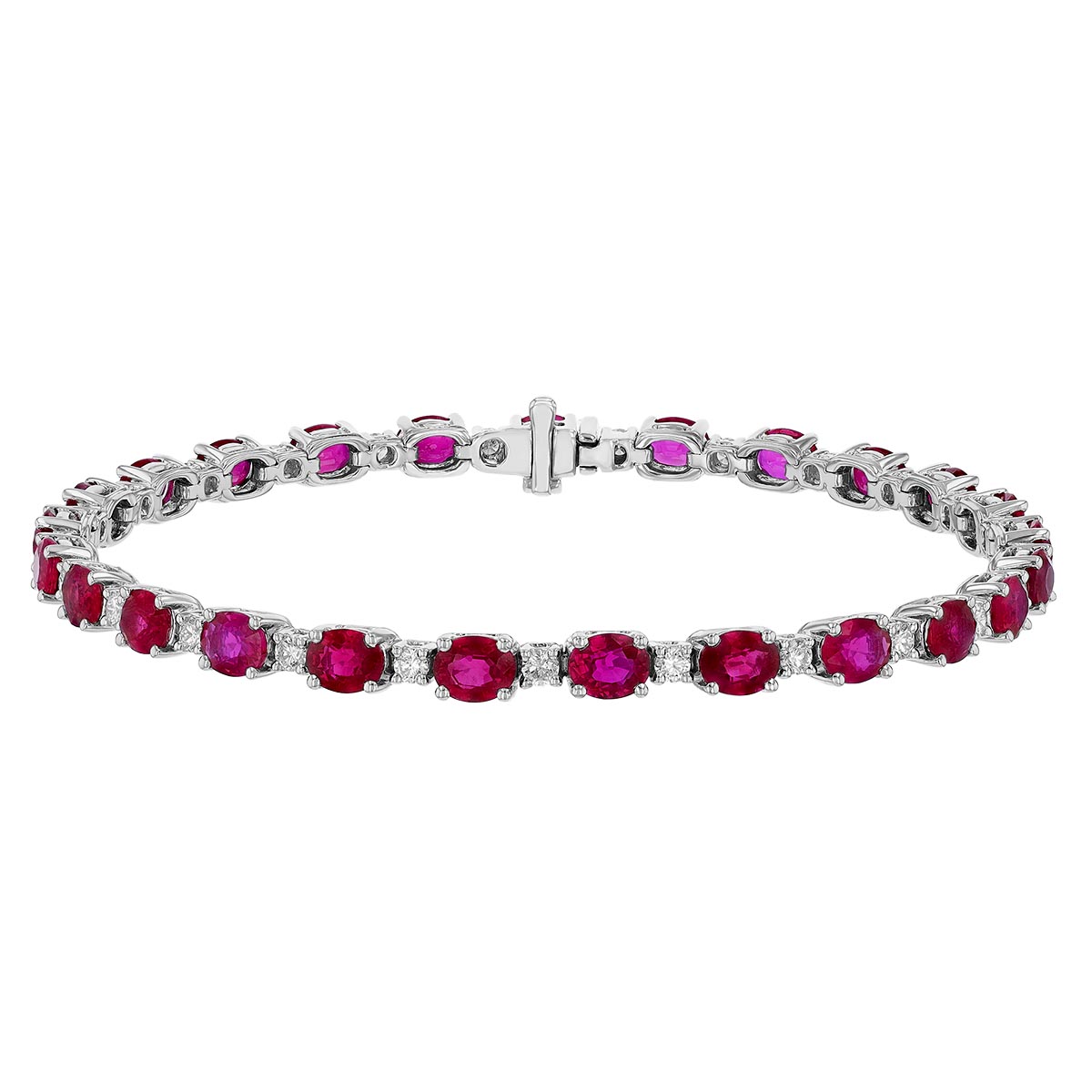 Alternating Oval Ruby & Diamond Tennis Bracelet in White Gold, 7