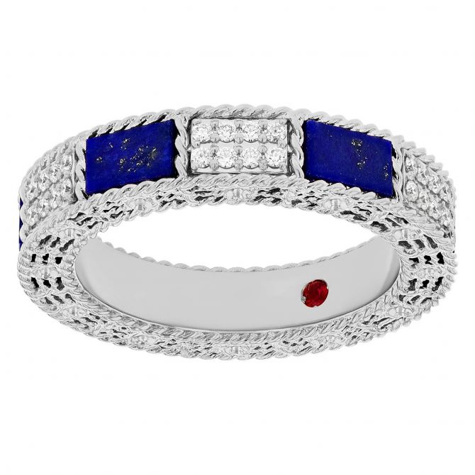 Roberto Coin Art Deco Diamond & Lapis Lazuli Brick Pattern Ring in White Gold, Size 8