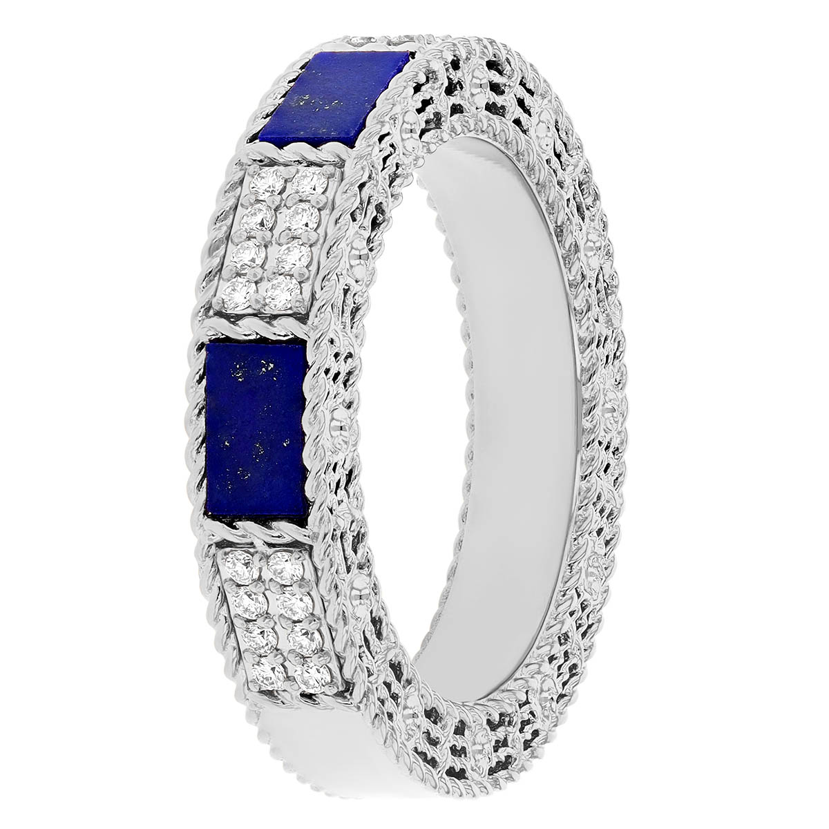 Roberto Coin Art Deco Diamond & Lapis Lazuli Brick Pattern Ring in White Gold, Size 8