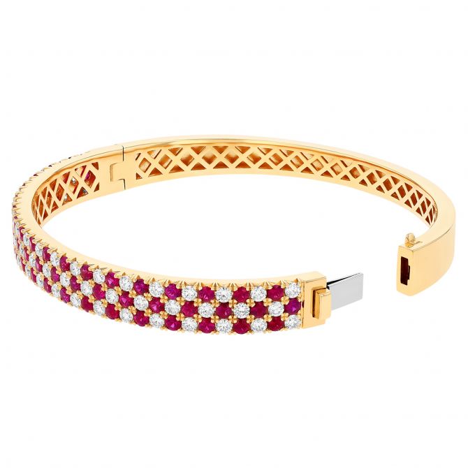 Ruby & Diamond Checkerboard 3 Row Bangle Bracelet in Yellow Gold