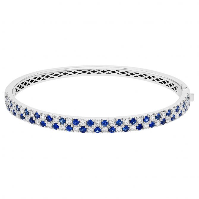 Sapphire & Diamond Alternating 2 Row Bangle Bracelet in White Gold