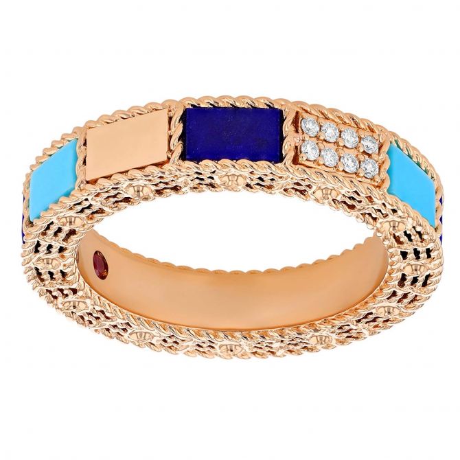 Roberto Coin Art Deco Alternating Blue Lapis, Diamond & Turquoise Ring in Rose Gold