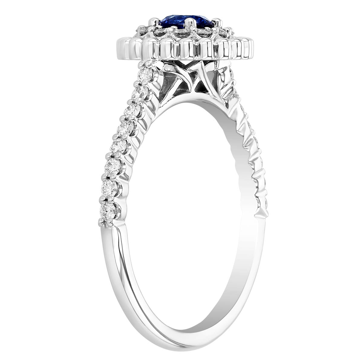 Sapphire & Diamond Halo Ring with Milgrain in White Gold