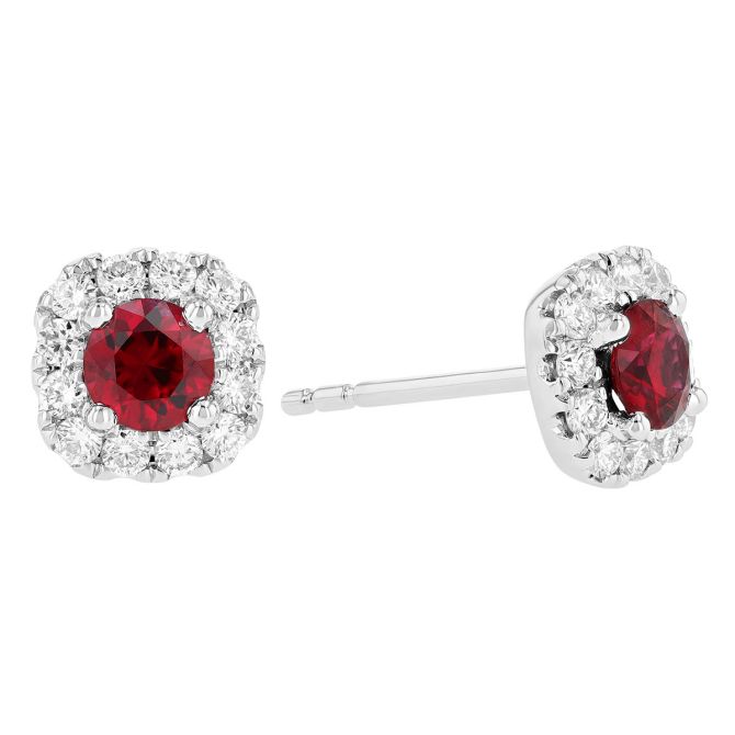 Round Ruby & Diamond Halo Stud Earrings in White Gold