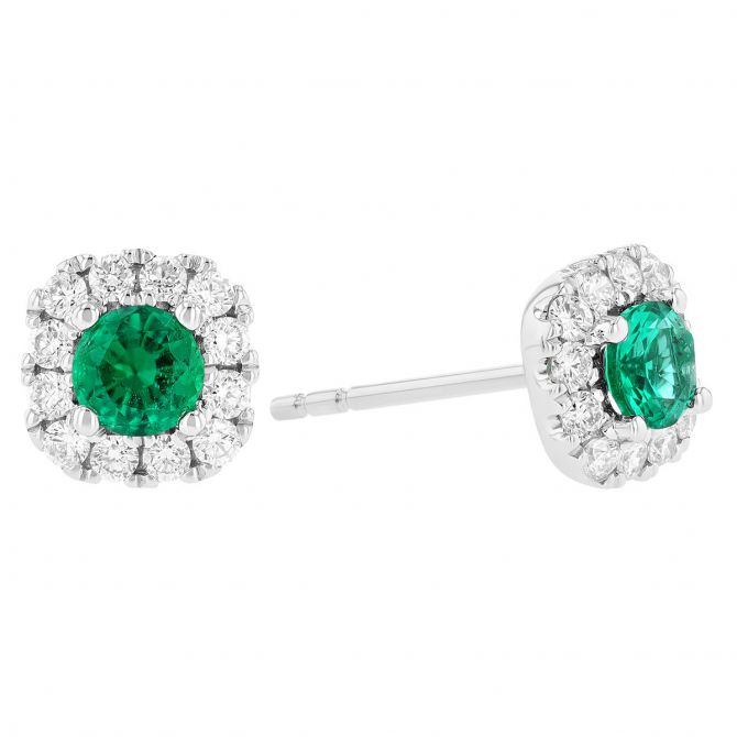 Round Emerald & Diamond Halo Stud Earrings in White Gold