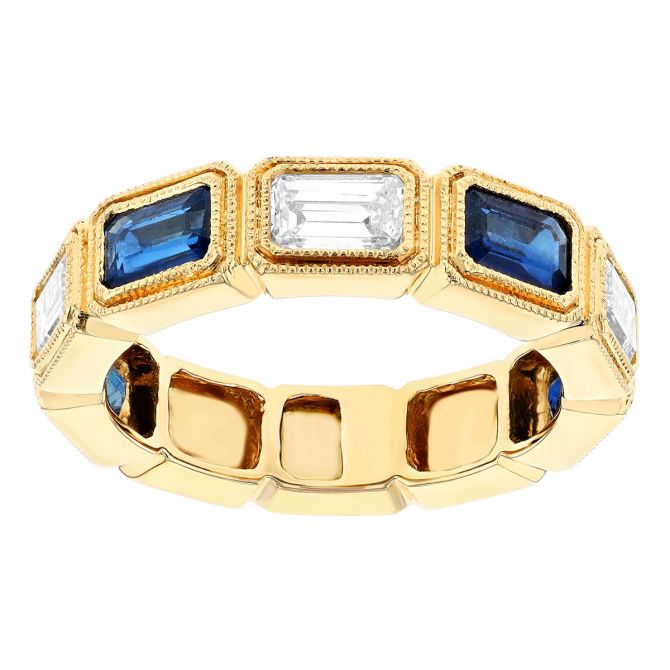 Emerald Cut Sapphire & Diamond Bezel Set Alternating Milgrain Pattern Ring in Yellow Gold