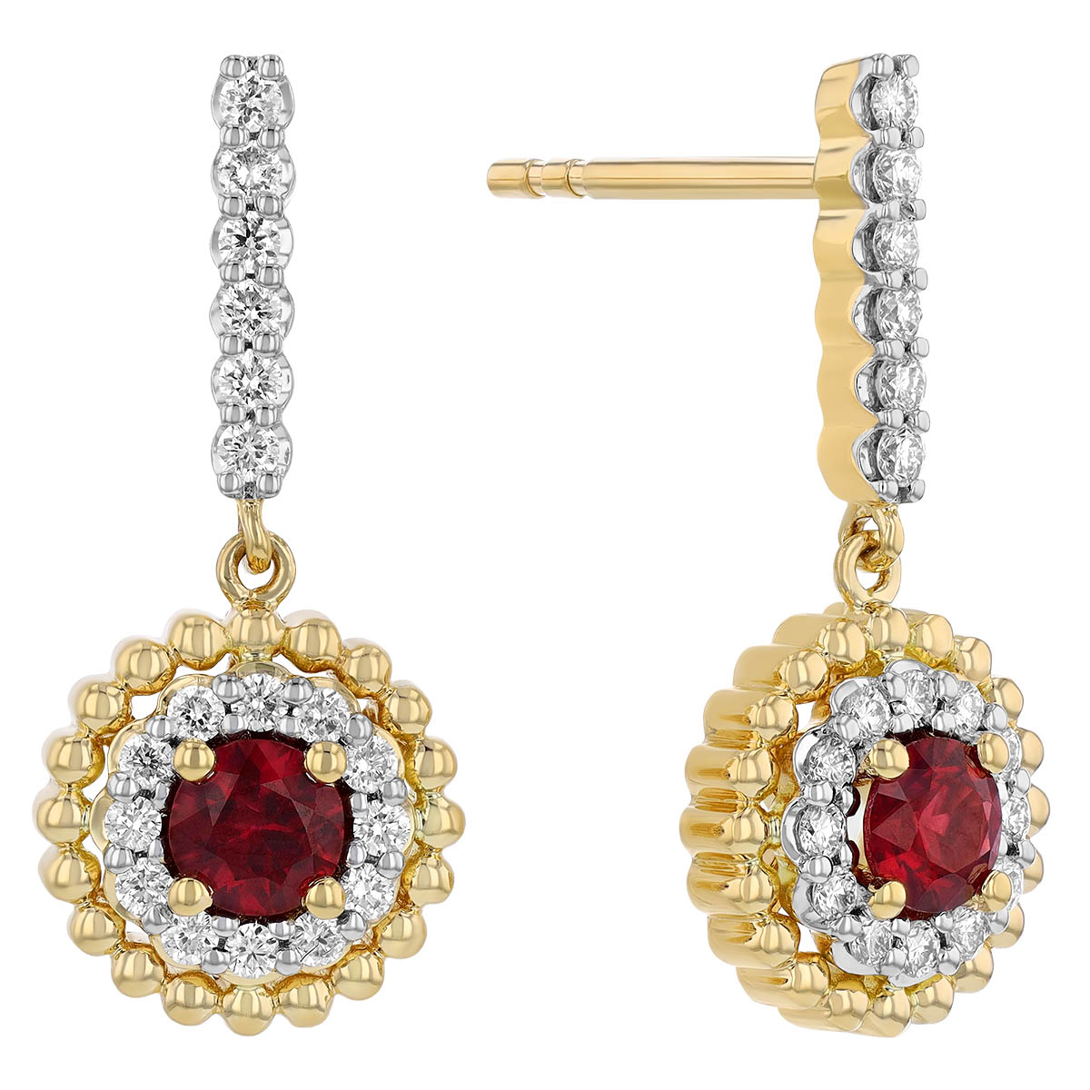 Round Ruby & Diamond Halo with Yellow Gold Bead Halo Drop Earrings in Two Tone