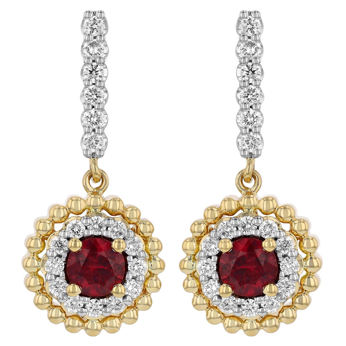 Round Ruby & Diamond Halo with Yellow Gold Bead Halo Drop Earrings in Two Tone