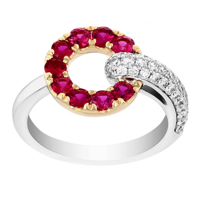 Ruby & Diamond Pave Open Circle Ring in White & Yellow Gold