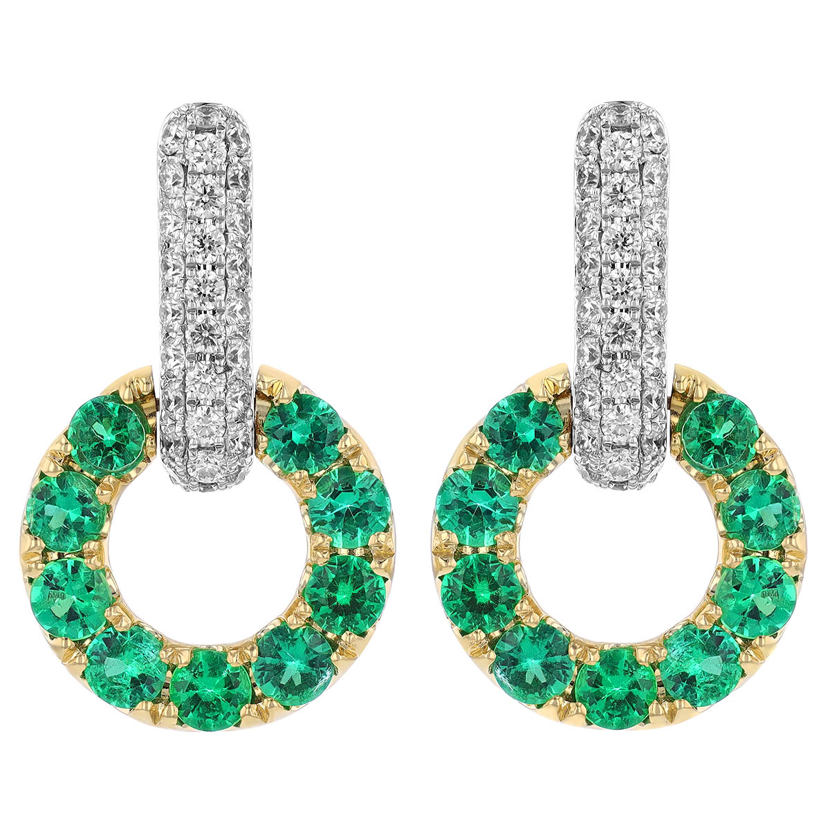 Emerald Open Circle & Diamond Pavé Drop Earrings in Yellow & White Gold