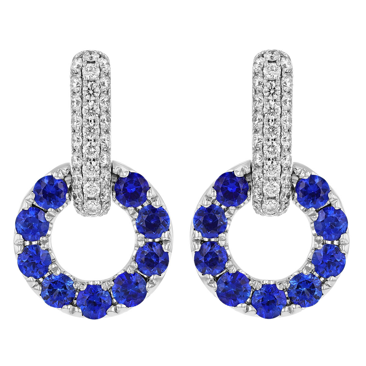 Sapphire Open Circle & Diamond Pavé Drop Earrings in White Gold