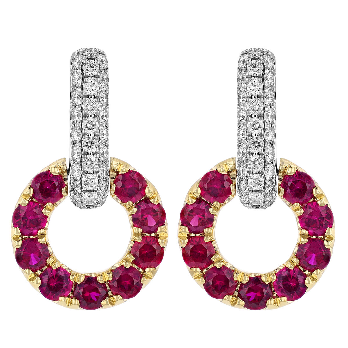 Ruby Open Circle & Diamond Pavé Drop Earrings in Yellow & White Gold