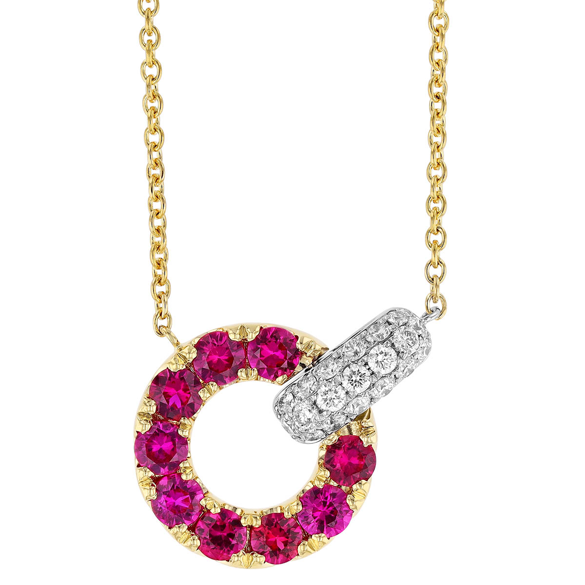 Ruby Open Circle & Diamond Pavé Pendant in Yellow & White Gold, 16