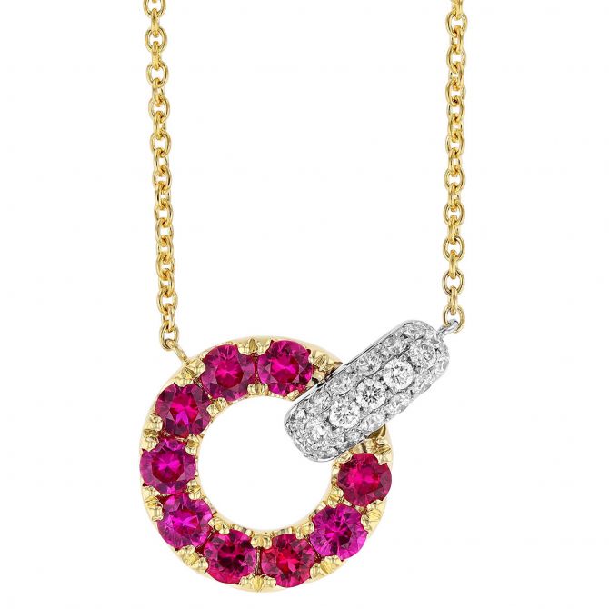 Ruby Open Circle & Diamond Pavé Pendant in Yellow & White Gold, 16"