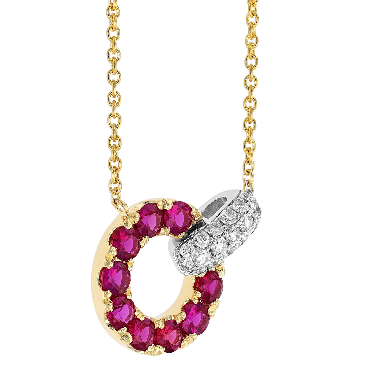 Ruby Open Circle & Diamond Pavé Pendant in Yellow & White Gold, 16