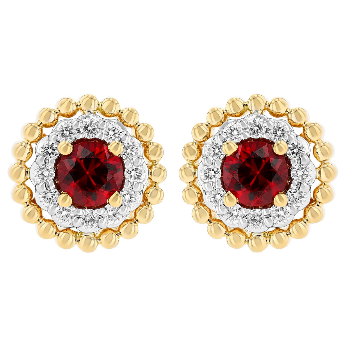 Round Ruby & Diamond Halo with Yellow Gold Bead Halo Stud Earrings in Two Tone