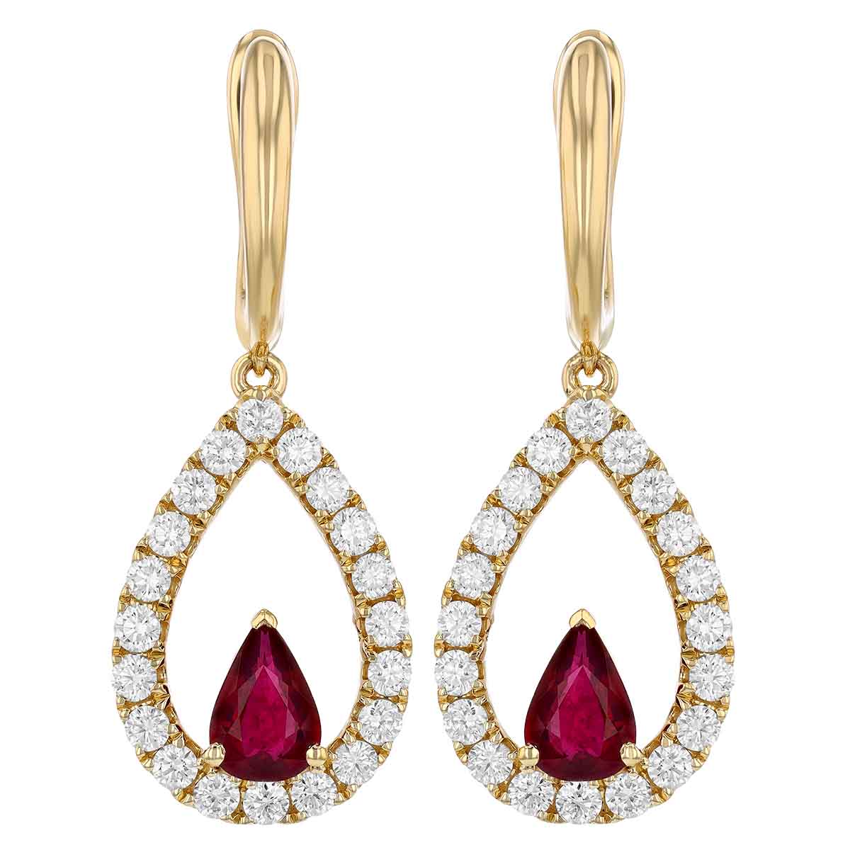 Pear Shaped Ruby & Diamond Open Pear Shape Dangle Hoop Earrings in Yellow Gold